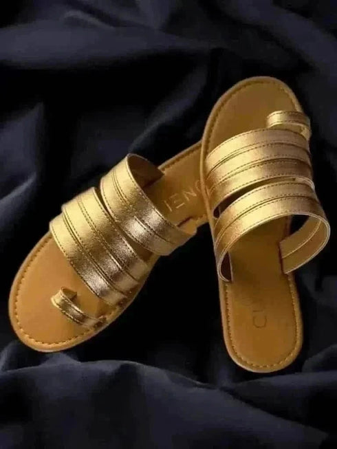 Womens Rose Gold Gladiator Slip Ons
